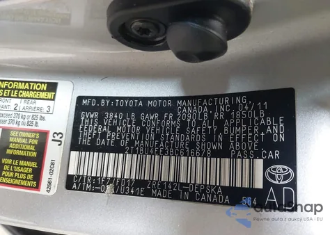 2011 Toyota Corolla S z USA, uszkodzony, nr VIN 2T1BU4EE3BC616678